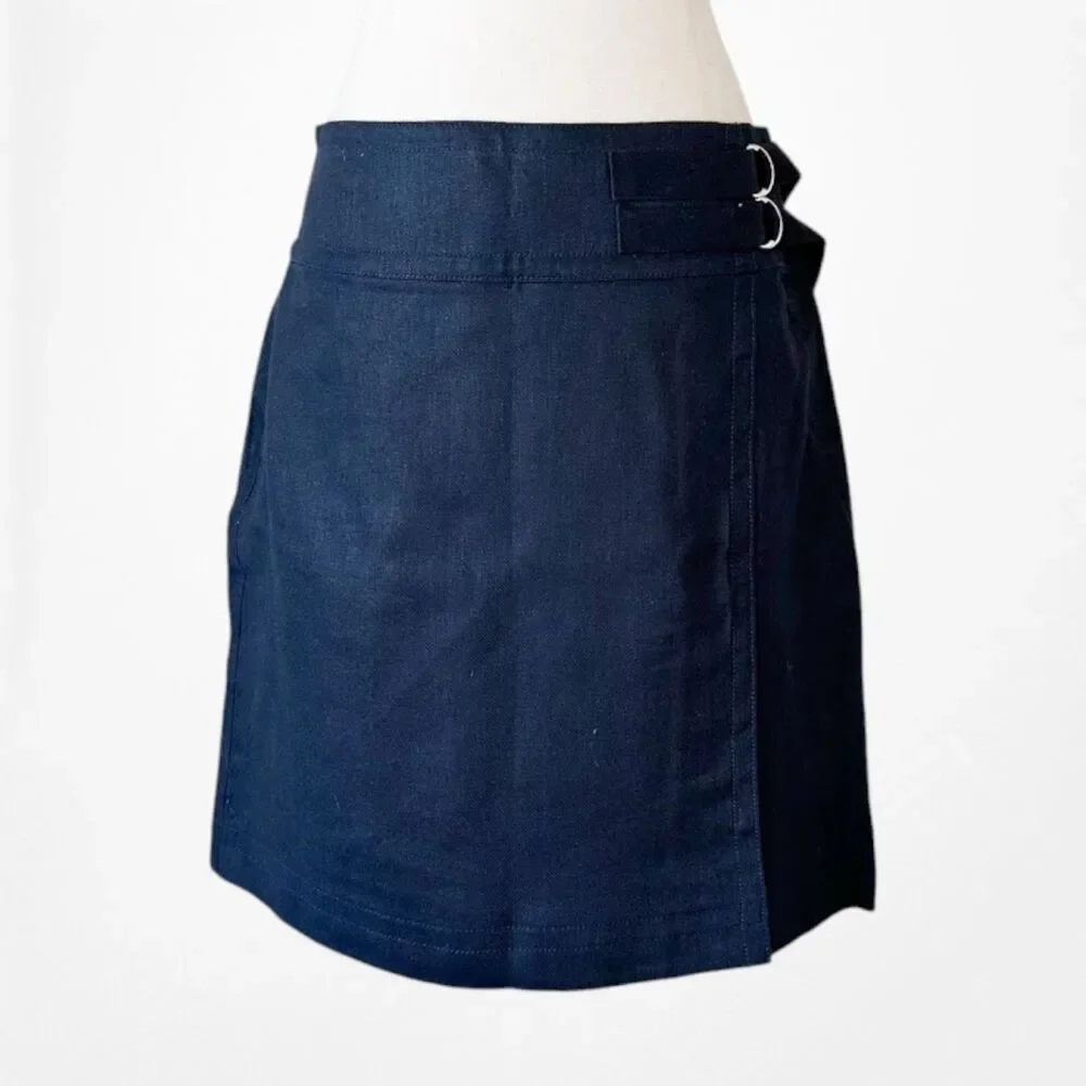 Vintage Y2K Navy Blue Denim Look Buckle Detail Knee Length A-Line Skirt Size M